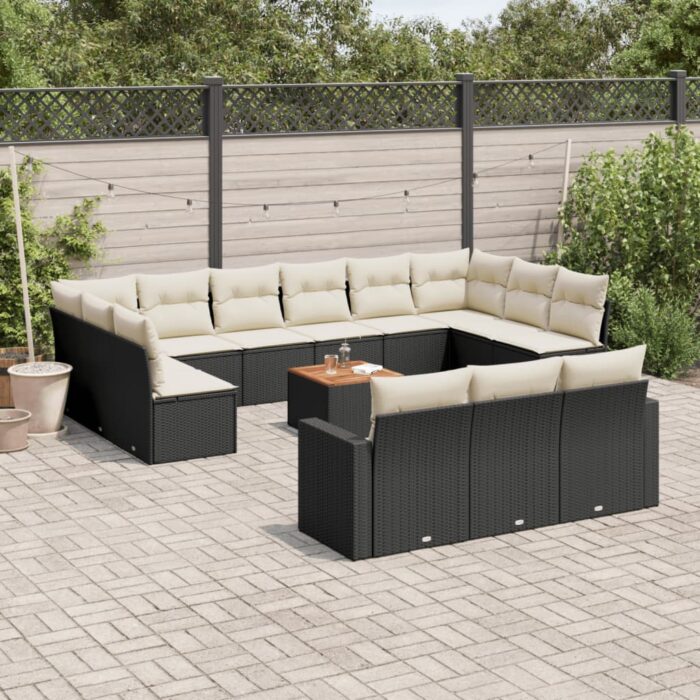 Salon de jardin avec coussins 14 pcs noir résine tressée – Image 1