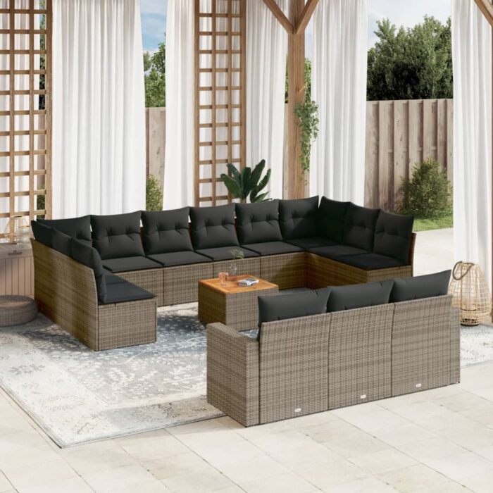 Salon de jardin avec coussins 14 pcs gris résine tressée – Image 1