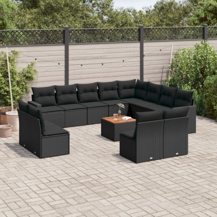 Salon de jardin avec coussins 13 pcs noir résine tressée – Image 1