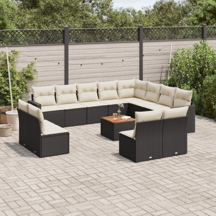 Salon de jardin avec coussins 13 pcs noir résine tressée – Image 1