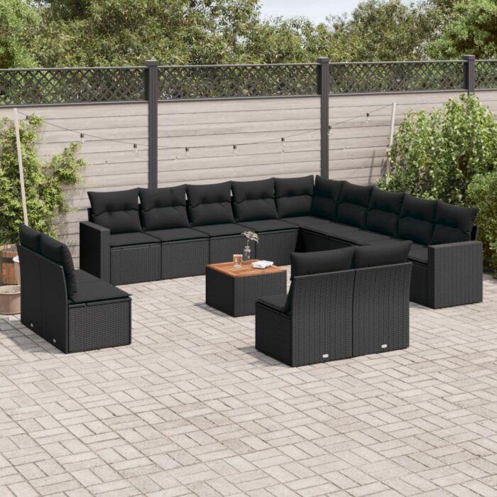 Salon de jardin avec coussins 14 pcs noir résine tressée – Image 1
