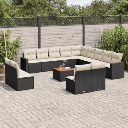 Salon de jardin avec coussins 14 pcs noir résine tressée