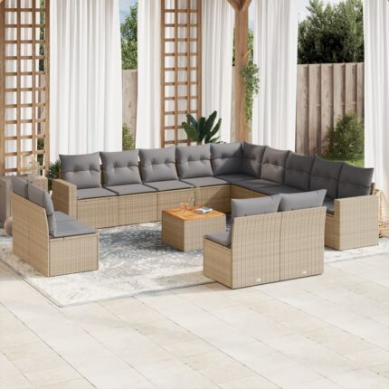 Salon de jardin avec coussins 14 pcs beige résine tressée