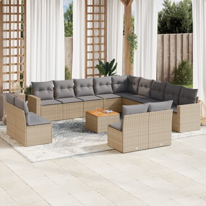 Salon de jardin avec coussins 14 pcs beige résine tressée – Image 1