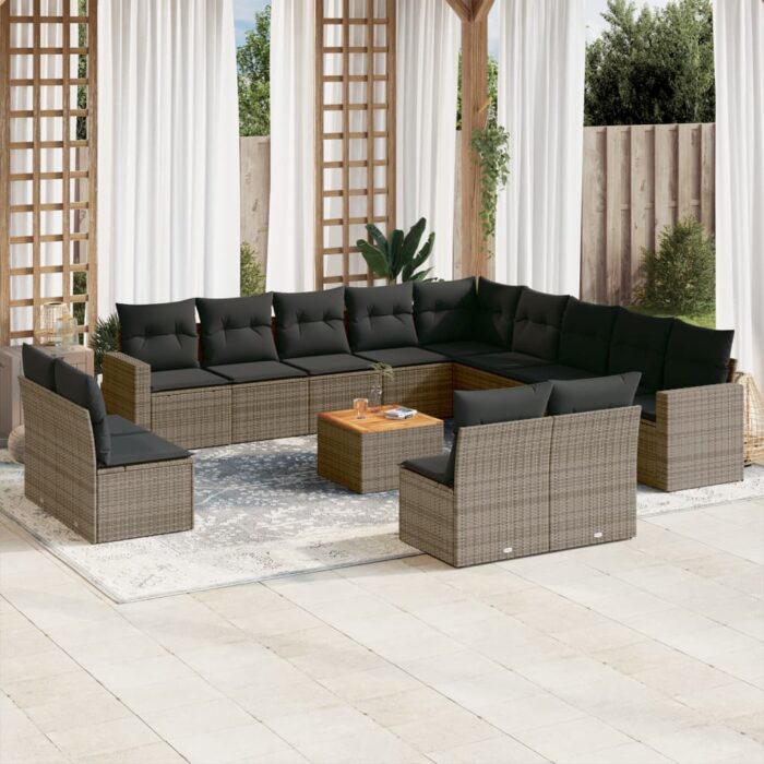 Salon de jardin avec coussins 14 pcs gris résine tressée – Image 1