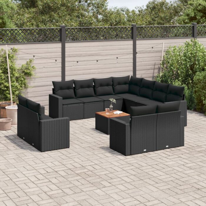 Salon de jardin 12 pcs avec coussins noir résine tressée – Image 1