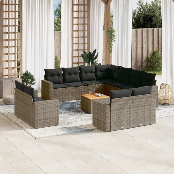 Salon de jardin avec coussins 12 pcs gris résine tressée – Image 1