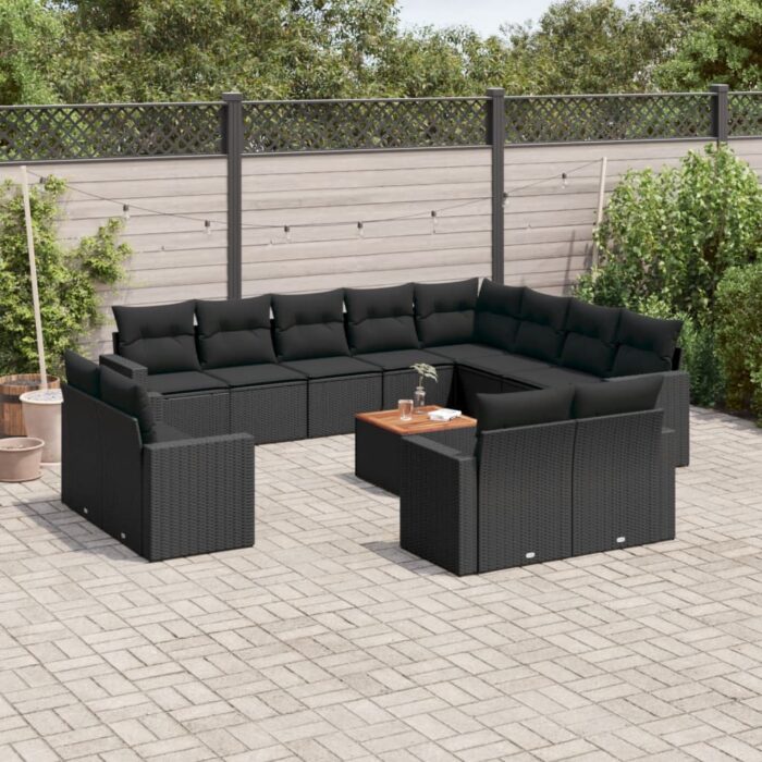 Salon de jardin avec coussins 13 pcs noir résine tressée – Image 1