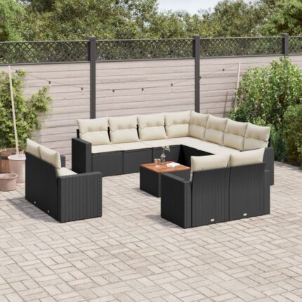 Salon de jardin avec coussins 13 pcs noir résine tressée