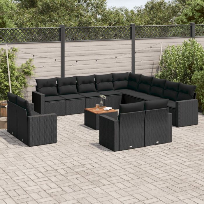 Salon de jardin avec coussins 14 pcs noir résine tressée – Image 1