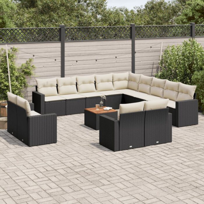 Salon de jardin avec coussins 14 pcs noir résine tressée – Image 1