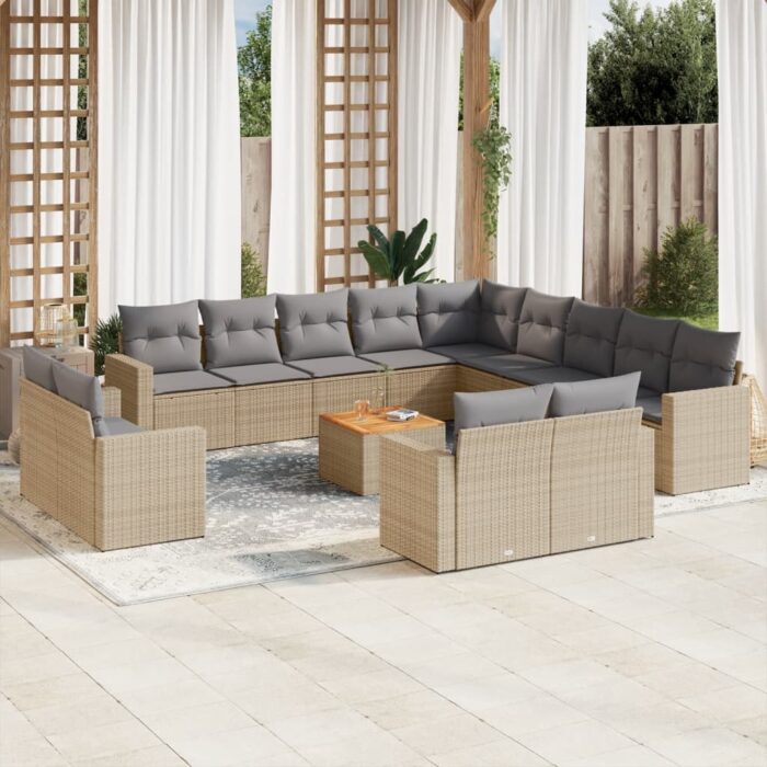 Salon de jardin avec coussins 14 pcs beige résine tressée – Image 1