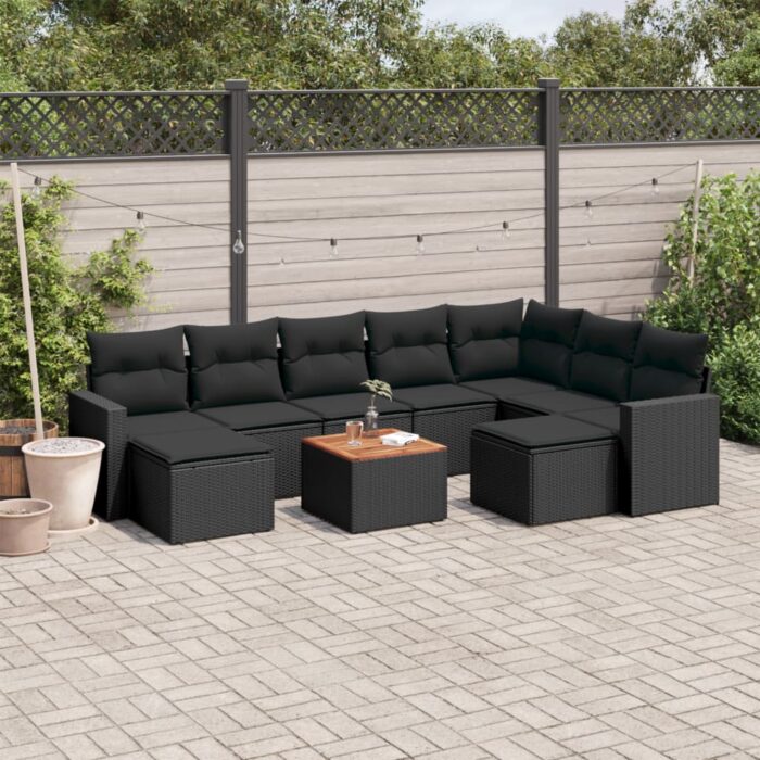 Salon de jardin 10 pcs avec coussins noir résine tressée – Image 1