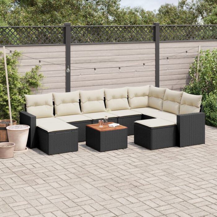Salon de jardin 10 pcs avec coussins noir résine tressée – Image 1