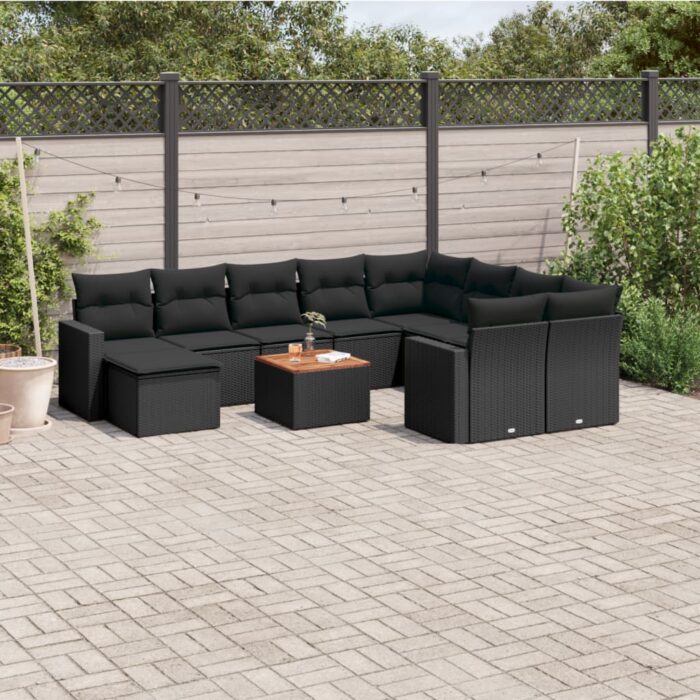 Salon de jardin 11 pcs avec coussins noir résine tressée – Image 1