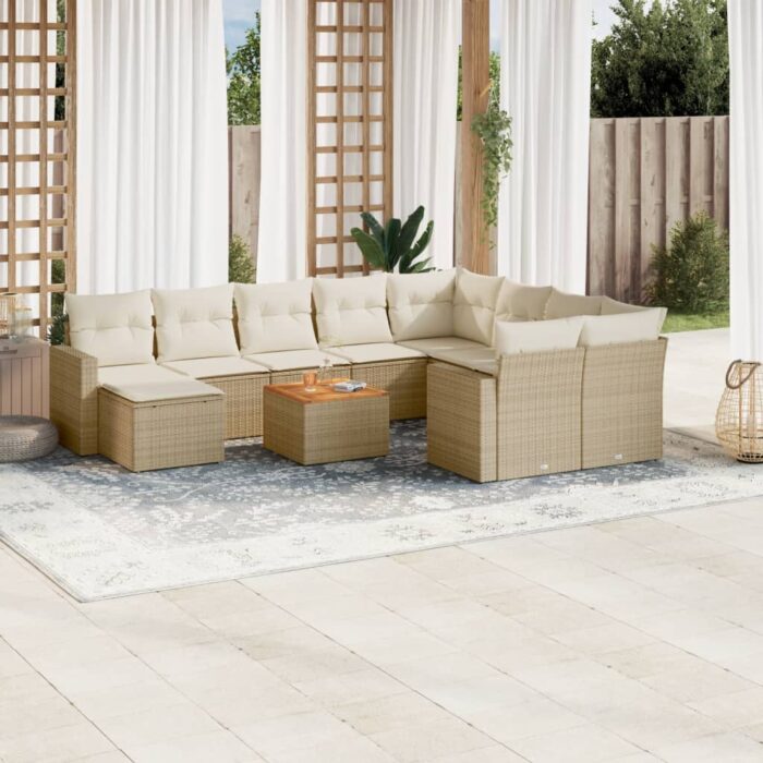 Salon de jardin 11 pcs avec coussins beige résine tressée – Image 1