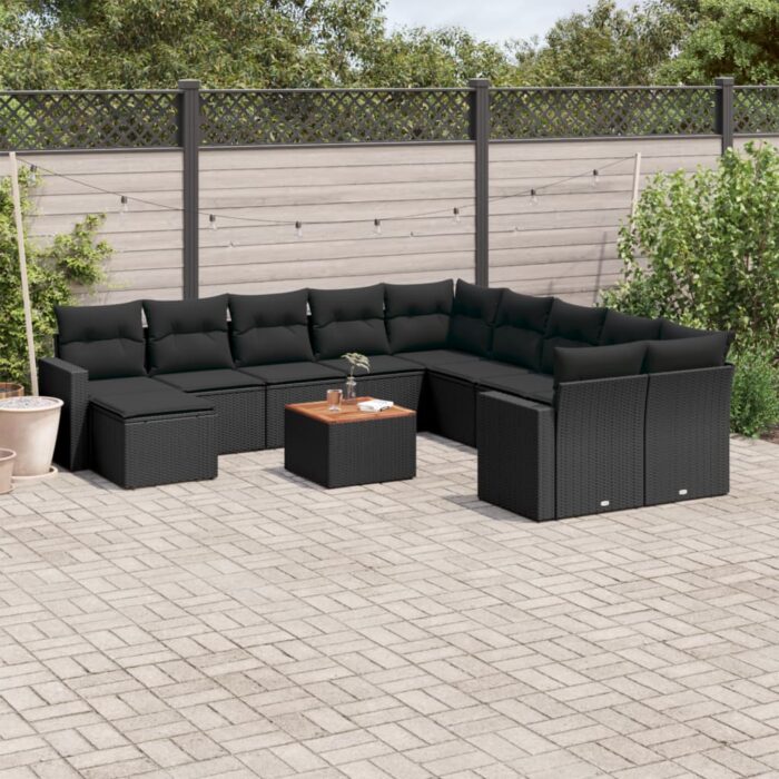 Salon de jardin 12 pcs avec coussins noir résine tressée – Image 1