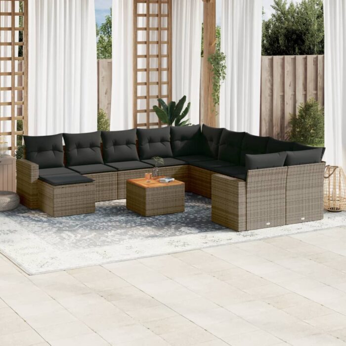 Salon de jardin avec coussins 12 pcs gris résine tressée – Image 1