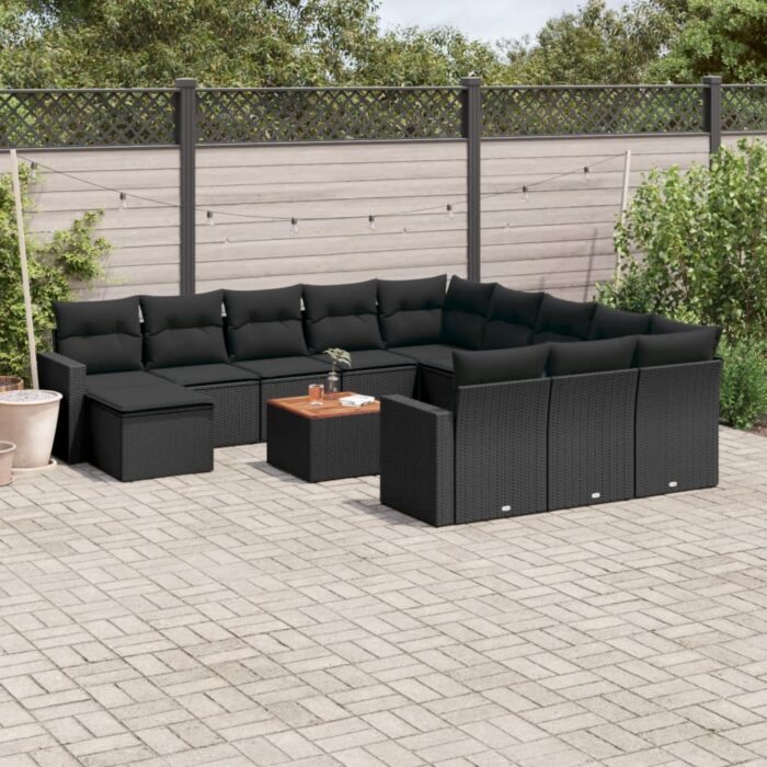 Salon de jardin avec coussins 13 pcs noir résine tressée – Image 1