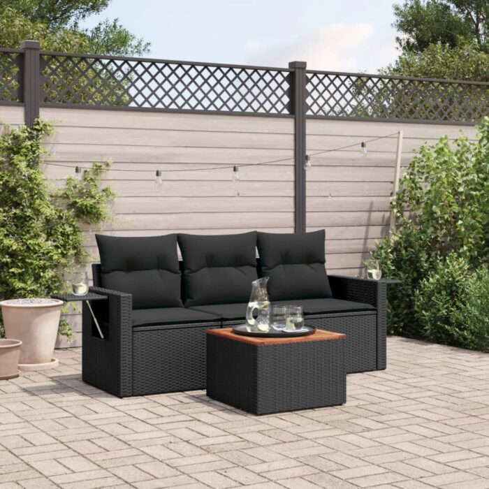 Salon de jardin 4 pcs avec coussins noir résine tressée – Image 1