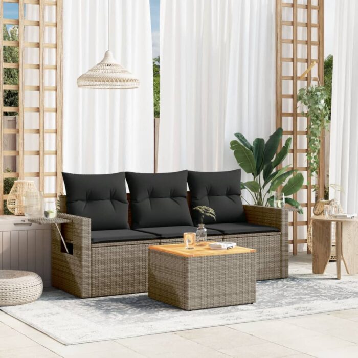 Salon de jardin 4 pcs avec coussins gris résine tressée – Image 1