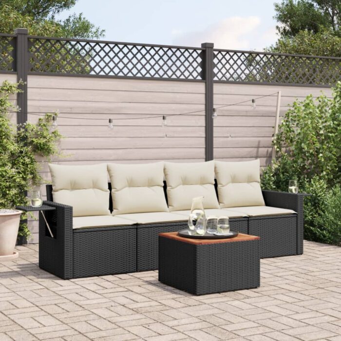 Salon de jardin 5 pcs avec coussins noir résine tressée – Image 1