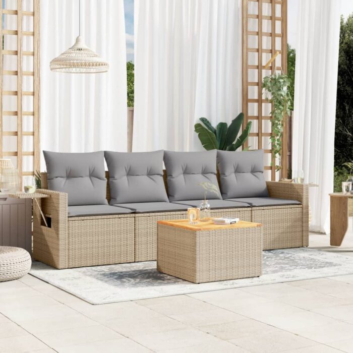 Salon de jardin avec coussins 5 pcs beige résine tressée – Image 1