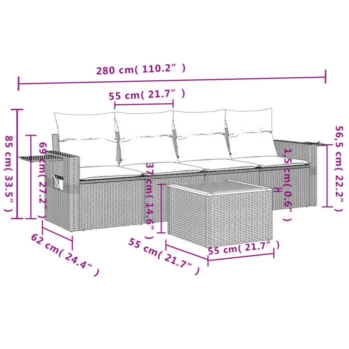 Salon de jardin 5 pcs avec coussins gris résine tressée – Image 6