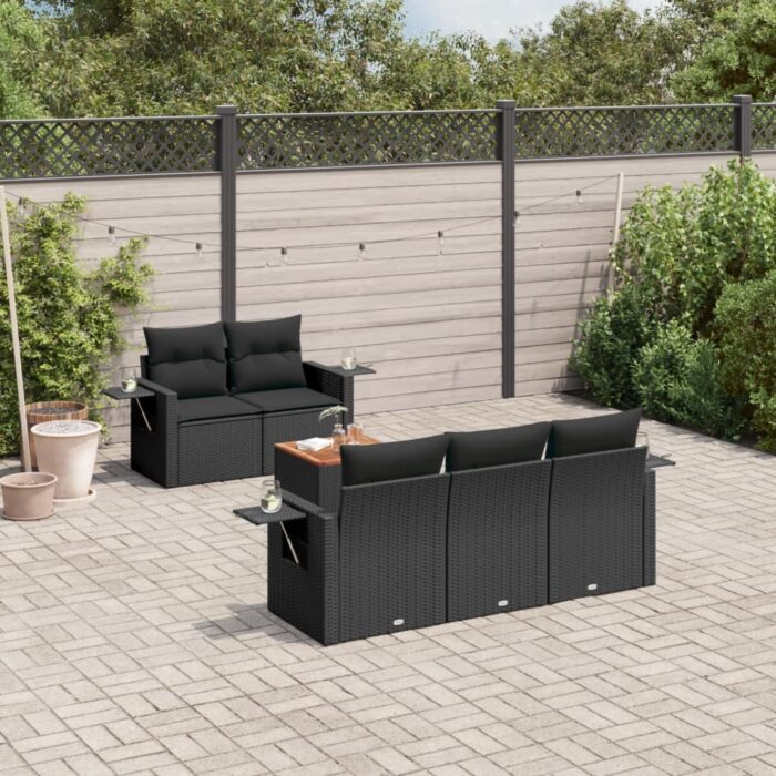 Salon de jardin 6 pcs avec coussins noir résine tressée – Image 1