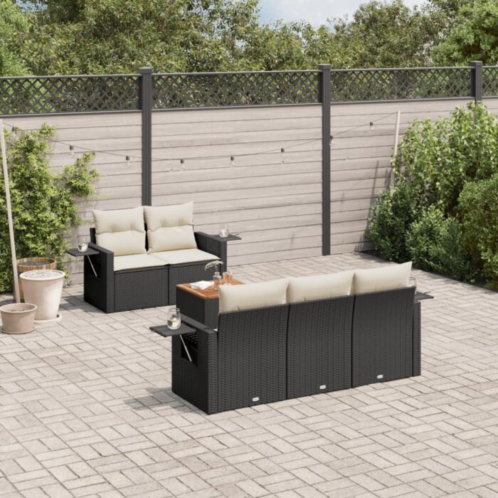 Salon de jardin 6 pcs avec coussins noir résine tressée – Image 1
