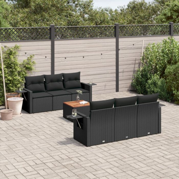 Salon de jardin 7 pcs avec coussins noir résine tressée – Image 1