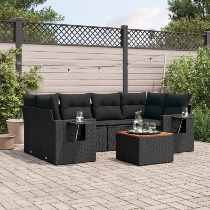 Salon de jardin 7 pcs avec coussins noir résine tressée – Image 1