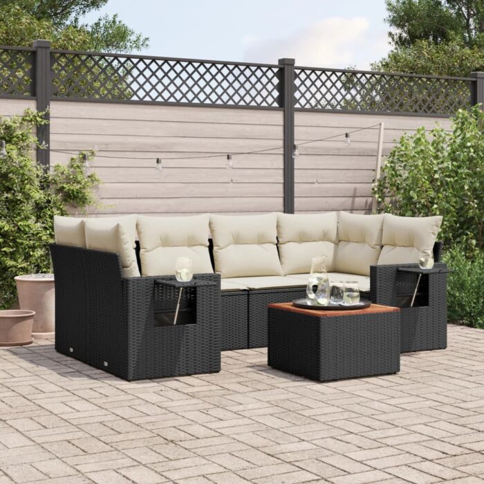Salon de jardin 7 pcs avec coussins noir résine tressée – Image 1