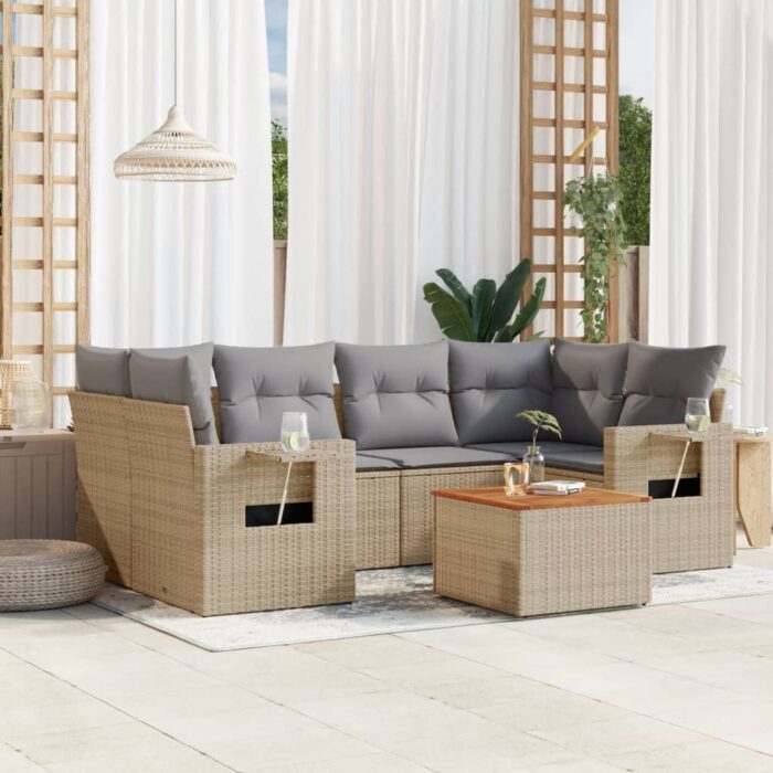 Salon de jardin avec coussins 7 pcs beige résine tressée – Image 1