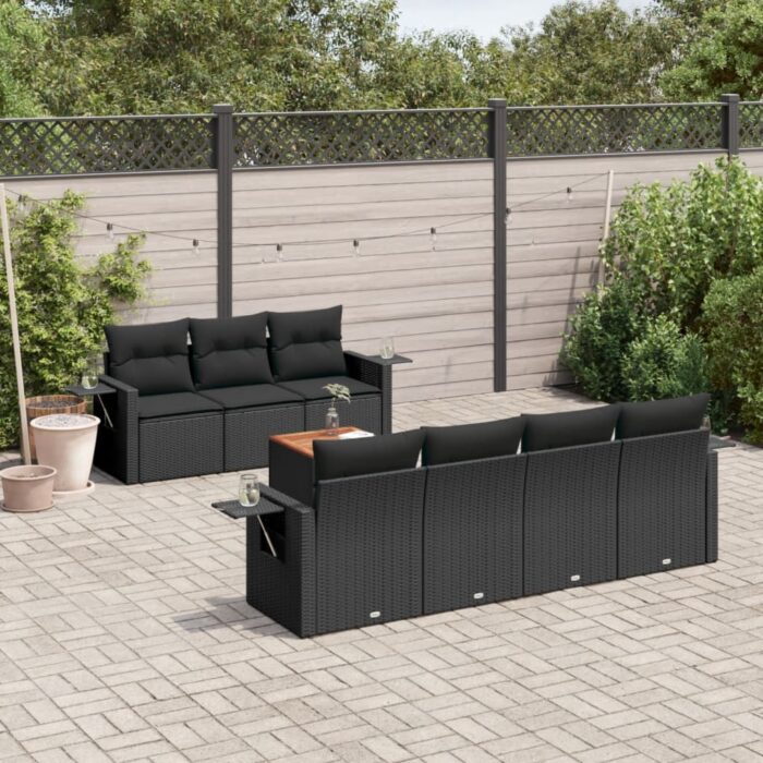 Salon de jardin 8 pcs avec coussins noir résine tressée – Image 1