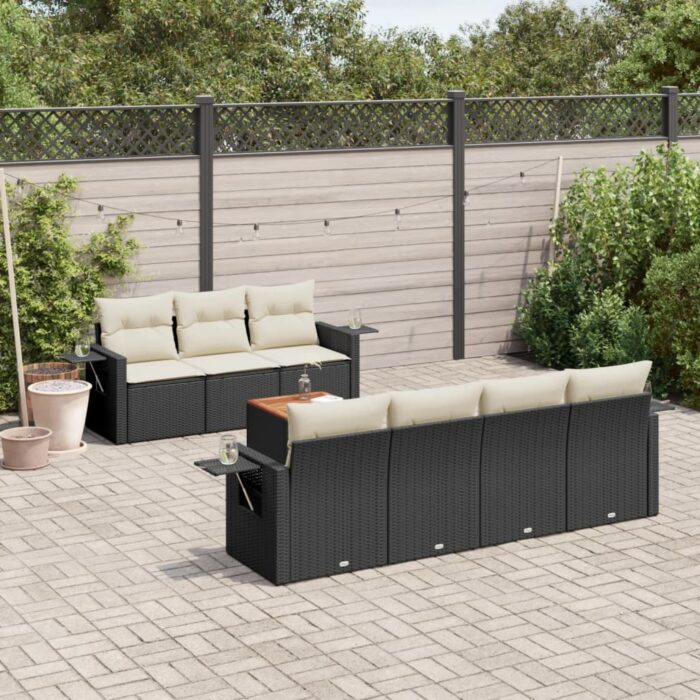 Salon de jardin 8 pcs avec coussins noir résine tressée – Image 1