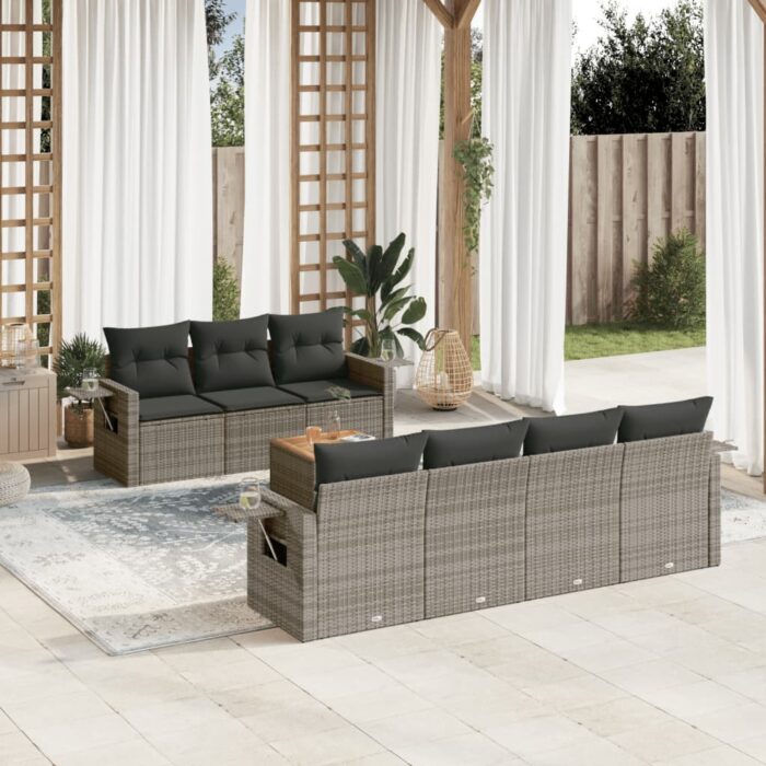 Salon de jardin 8 pcs avec coussins gris résine tressée – Image 1