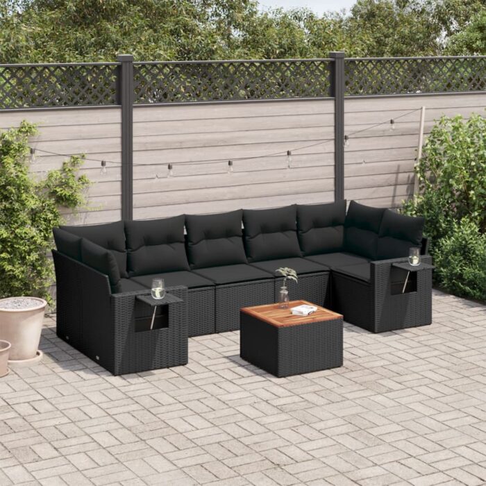 Salon de jardin 8 pcs avec coussins noir résine tressée – Image 1