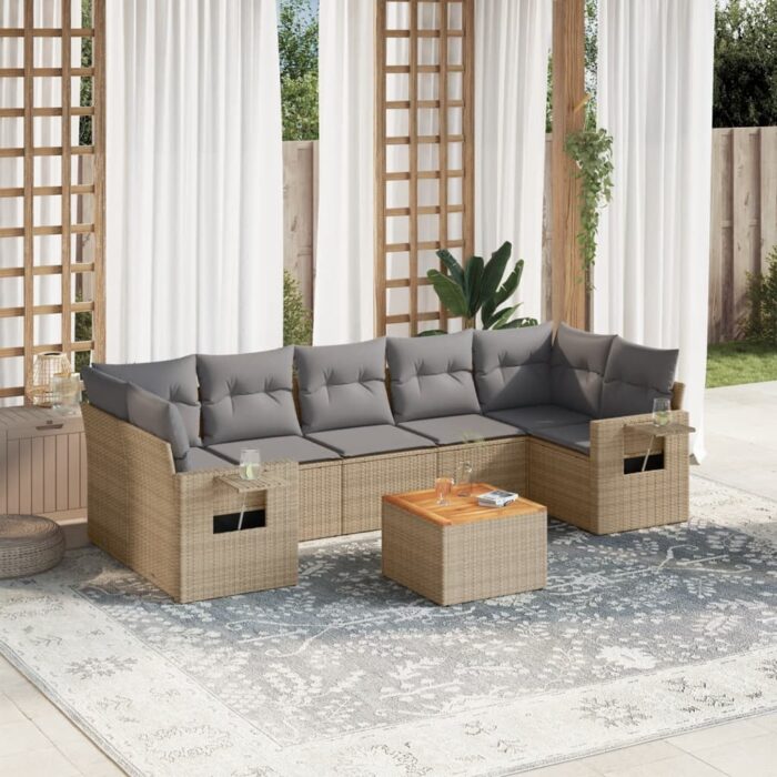 Salon de jardin avec coussins 8 pcs beige résine tressée – Image 1