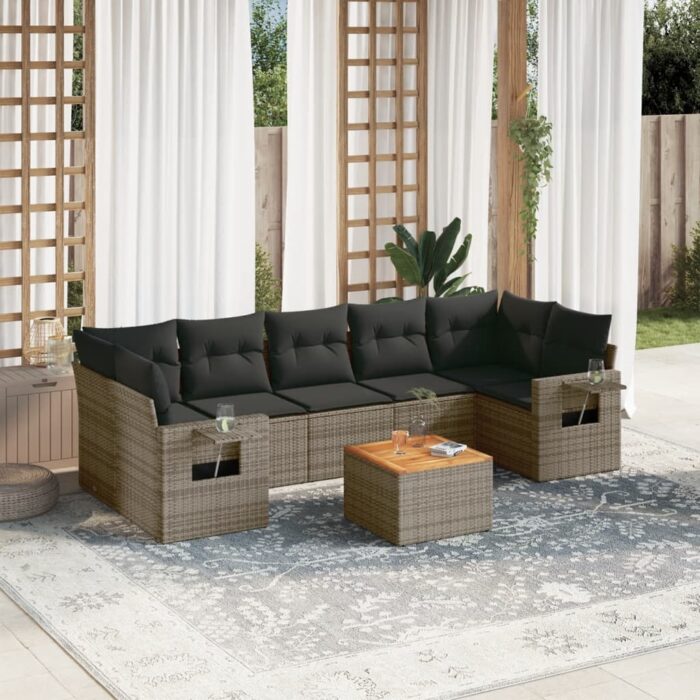 Salon de jardin 8 pcs avec coussins gris résine tressée – Image 1