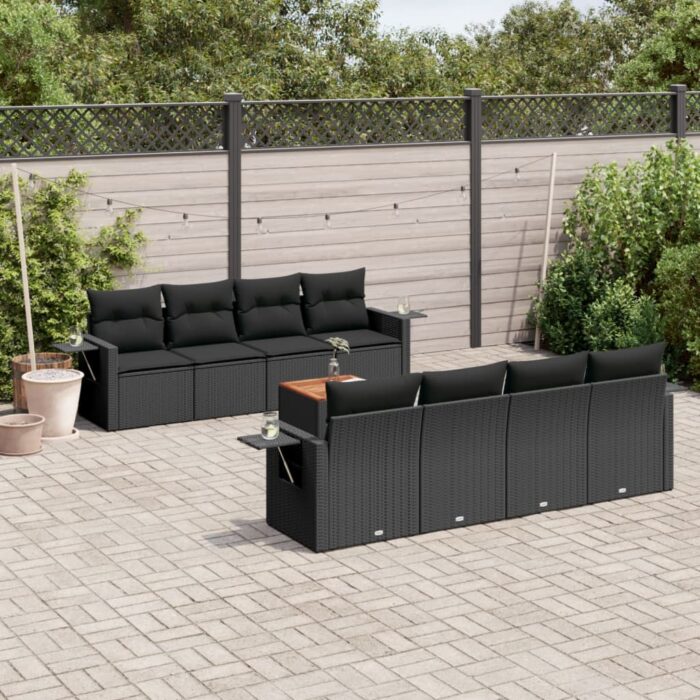Salon de jardin 9 pcs avec coussins noir résine tressée – Image 1