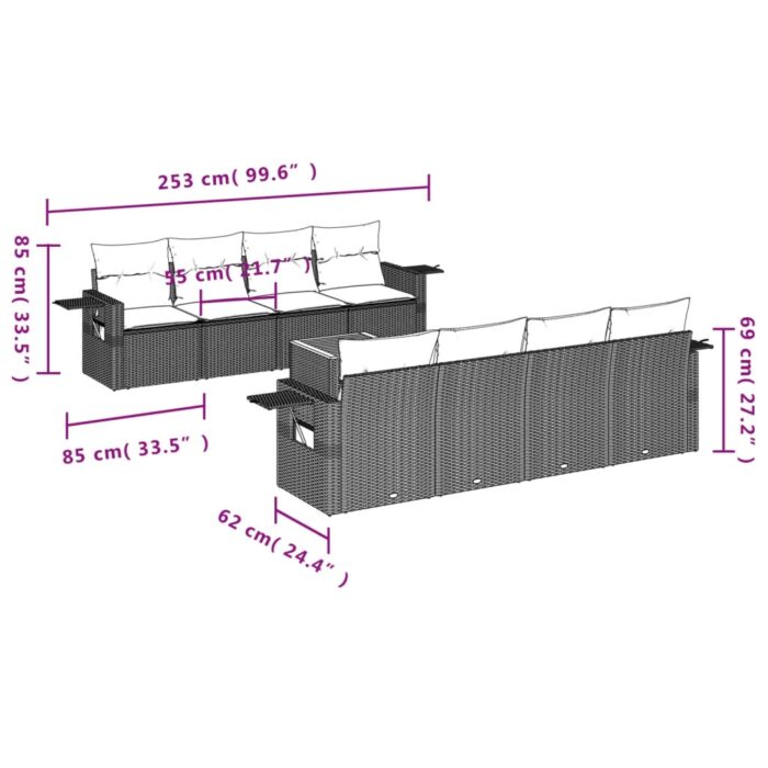 Salon de jardin 9 pcs avec coussins noir résine tressée – Image 6