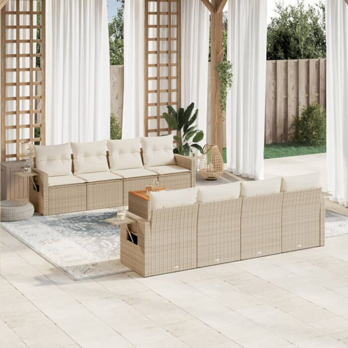 Salon de jardin avec coussins 9 pcs beige résine tressée – Image 1