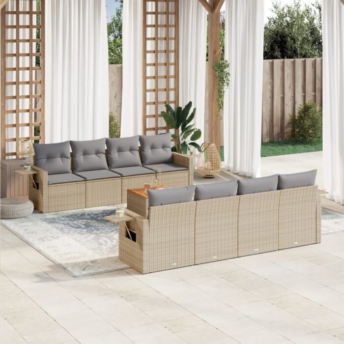 Salon de jardin avec coussins 9 pcs beige résine tressée – Image 1