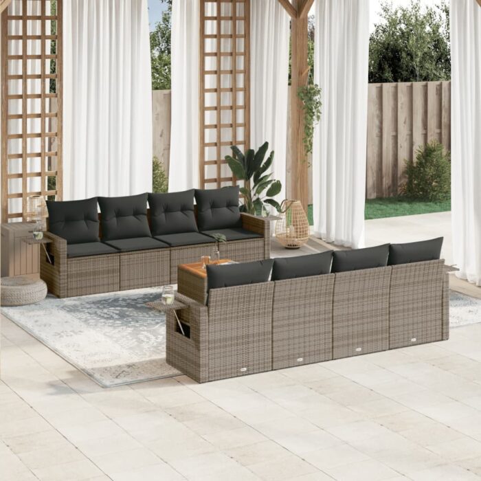 Salon de jardin 9 pcs avec coussins gris résine tressée – Image 1