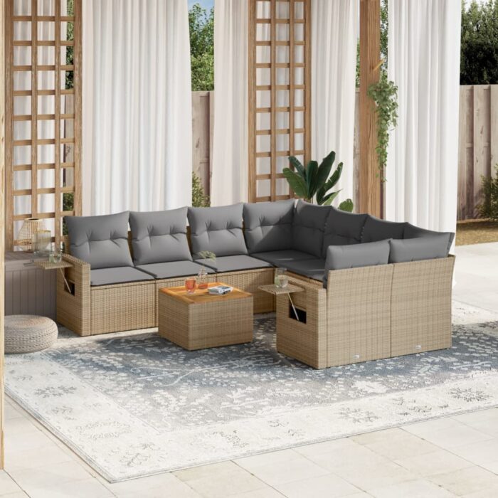 Salon de jardin avec coussins 9 pcs beige résine tressée – Image 1