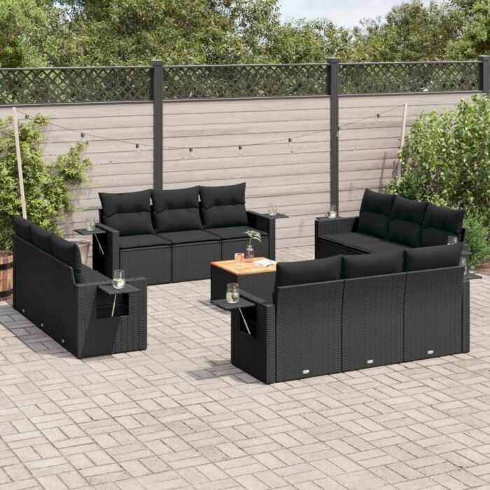 Salon de jardin avec coussins 13 pcs noir résine tressée – Image 1