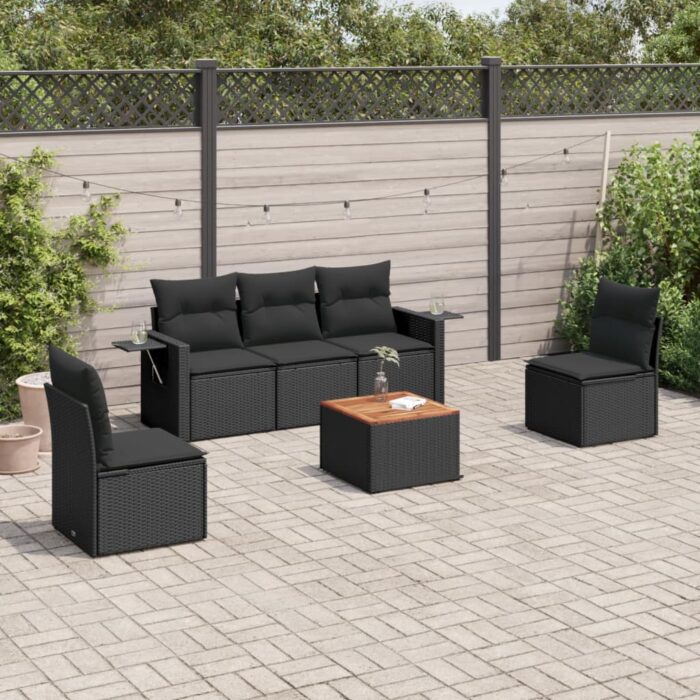 Salon de jardin 6 pcs avec coussins noir résine tressée – Image 1