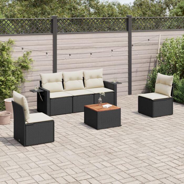 Salon de jardin 6 pcs avec coussins noir résine tressée – Image 1