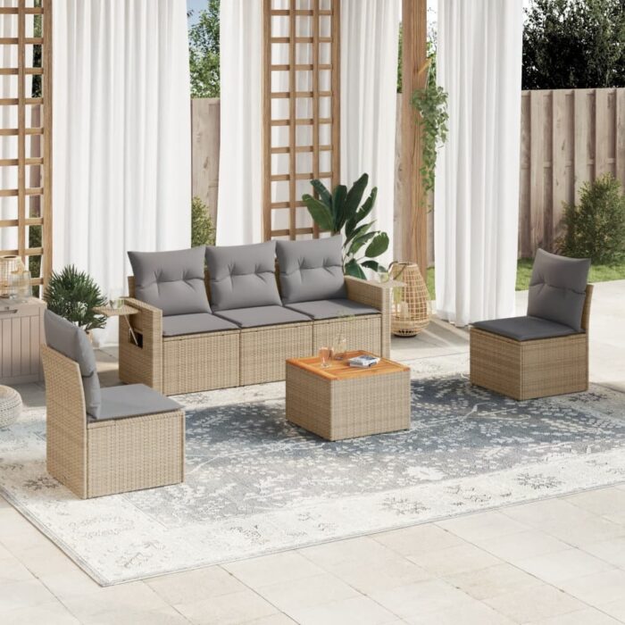 Salon de jardin avec coussins 6 pcs beige résine tressée – Image 1